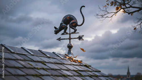 A black metal cat weather vane sits on a slate roof against a cloudy sky with a falling autumn leaf and a distant church spire in the background