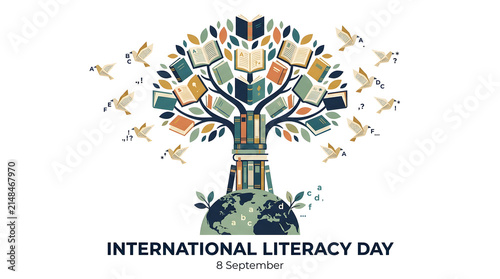 International literacy day conceptual illustration featuring a tree made of books over the world globe