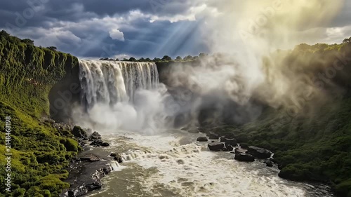 Majestic Green Canyon Waterfall Plunging Over Rugged Cliffs Amid Mist and Dramatic Clouds