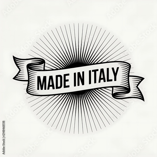 Made in italy emblem with vintage ribbon and sunburst lines