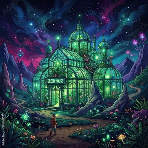 Vibrant Neon Green Glass Greenhouse Shimmering Under An Aurora Filled Night Sky