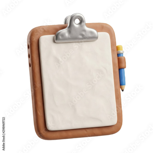 Brown clay clipboard with paper and blue pencil