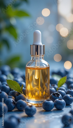 Glass dropper bottle with oil among blueberries with elegant lighting
