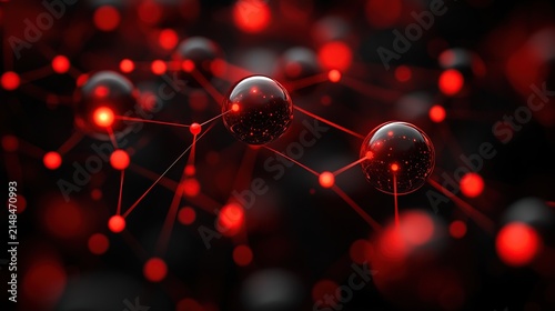 Vibrant Red Molecular Network Visualization Featuring Glowing Spheres and Interconnected Bonds Across a Dark Background