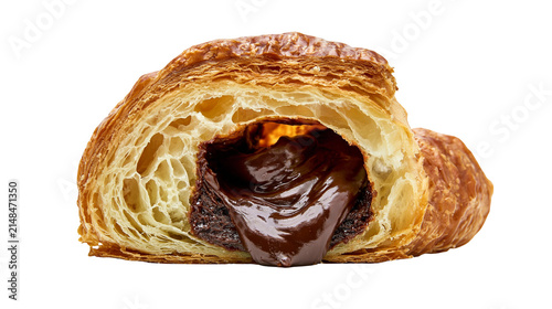 Flaky golden croissant filled with rich melted chocolate, isolated on transparent background