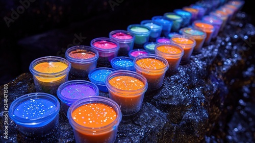 Vibrant Row of Tiny Transparent Cups Filled with Neon Colored Powders Under Blue Lighting