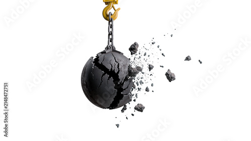 Photography Cracked dark grey wrecking ball suspended by a yellow hook and chain, isolated o