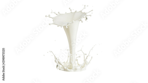 White milk splashing upwards creating dynamic liquid crown and droplets, isolated on transparent background