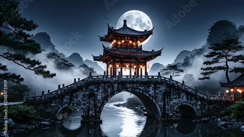 Moonlit Chinese Garden Bridge with Pagoda Reflections Under a Luminous Night Sky