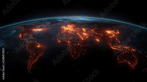 Wide-angle view of Earth's illuminated continents at night with glowing city lights
