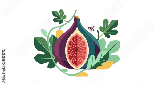 Quadro su tela Sliced purple fig fruit with green leaves and bee.