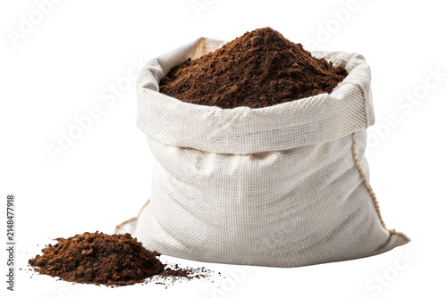 Ground Coffee Powder in Burlap Linen Bag Isolated on White Background