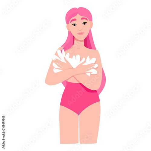 Young Woman with White Flowers on Her Chest, Breast Cancer Awareness and Women's Health Concept