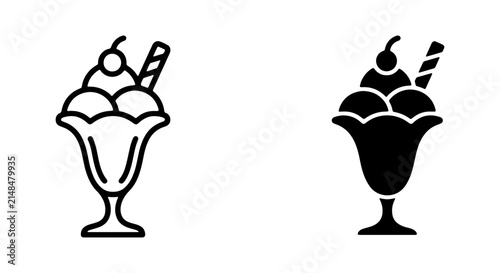 Dessert Icons: Ice Cream Sundae Outline and Silhouette, Sweet Treat Vector Graphics