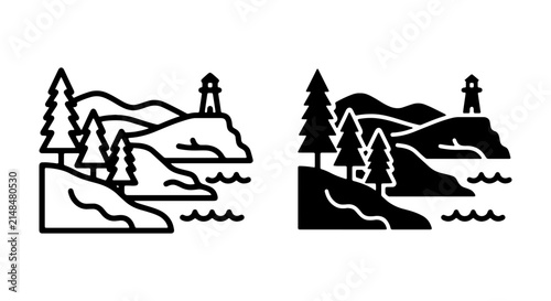 Coastal Landscape Icons, Lighthouse Scene Vector Art, Nature Scenery Graphics, Seaside Views