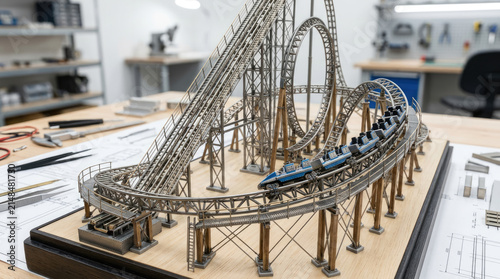 Miniature roller coaster scale model on a workshop desk with blueprints, engineering prototyping concept