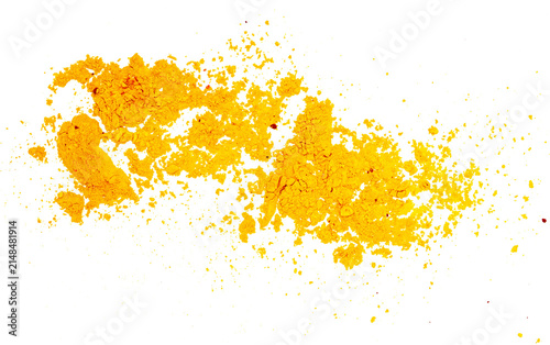 Foto Vivid yellow pigment powder heap on textured paper in white background, png, cut