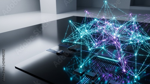 Artificial intelligence neural network connections above computer circuit board