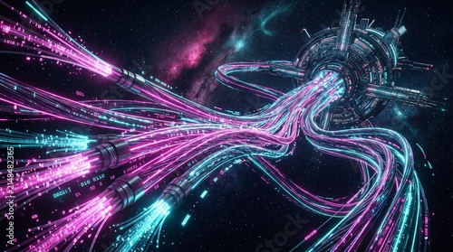 Futuristic data hub connected by glowing neon fiber optic data cables