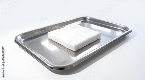 Sterile medical gauze pads on stainless steel surgical tray in a clean hospital environment for professional healthcare procedures