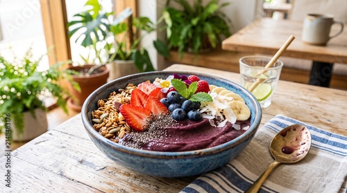 Fresh acai bowl with berries and granola served in sunny cafe setting, bowl food
