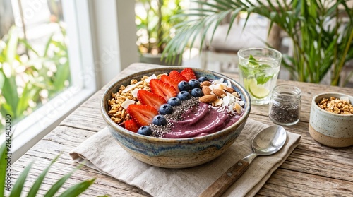 Nutritious acai fruit bowl topped with strawberries and blueberries, smoothie