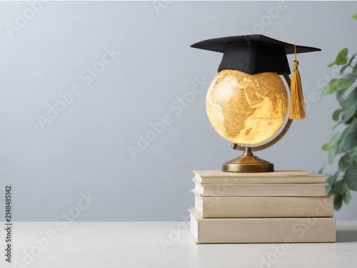 Global Education Attainment: A glowing globe, adorned with a graduation cap, rests atop a stack of books, symbolizing worldwide academic achievement and learning.