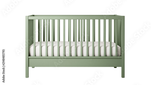 Canvastavla Sage green wooden crib with white mattress, isolated on transparent background