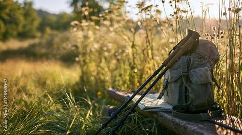 Walking poles and a day pack at a sunlit trail bench