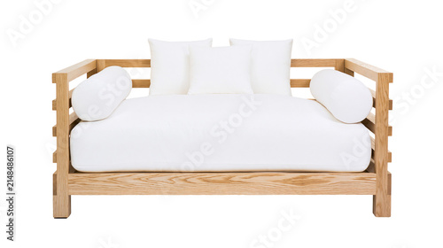 Fotografía Modern wooden daybed with white cushions and bolsters, isolated on transparent b