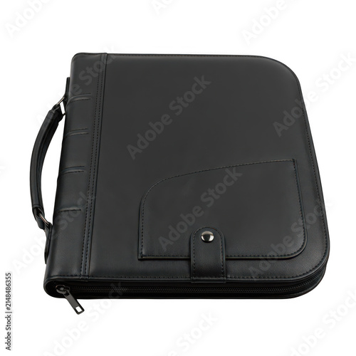 Elegant black leather portfolio case with strap isolated on transparent background