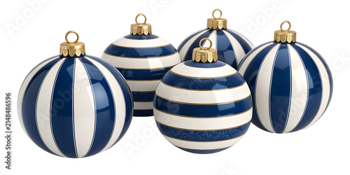 Navy Blue Striped Christmas Baubles Set – Five Gold and White Patterned Holiday Tree Ornaments