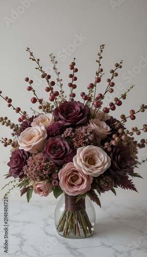 Elegant bouquet with berries and rich wine-colored flowers