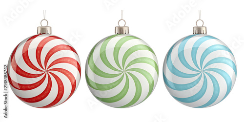 Candy Swirl Christmas Baubles Set – Three Peppermint Striped Red Green and Blue Ornaments