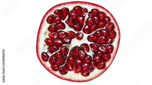 Quadro su tela Half ripe pomegranate with juicy red arils, isolated on transparent background