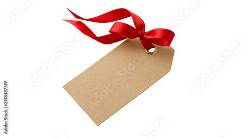 Brown kraft paper gift tag with red satin ribbon bow, isolated on transparent background