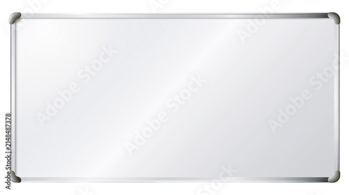 Blank white rectangular whiteboard with silver metal frame, isolated on transparent background