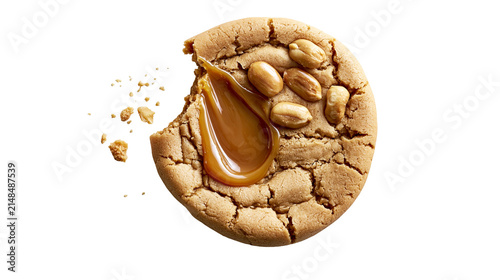 Cracked peanut butter cookie with gooey caramel filling and whole peanuts, isolated on transparent background
