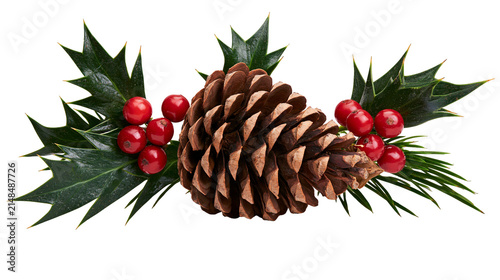 Brown pine cone with red berries and green holly leaves, isolated on transparent background