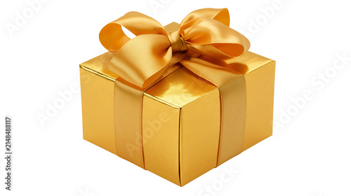 Shiny golden gift box with satin ribbon bow, isolated on transparent background