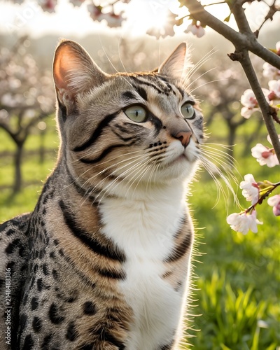 A cloud toned marbled cat in a spring orchard