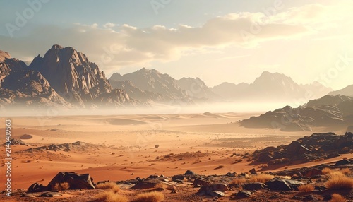 Majestic Desert Landscape with Mountains and Hazy Atmosphere.