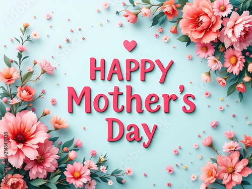 Beautiful pink and coral floral arrangement surrounds happy mothers day text on a light blue background