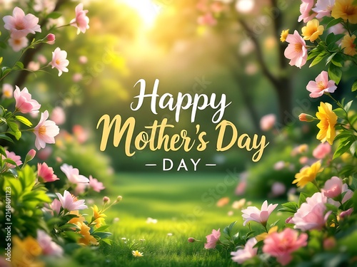 Beautiful spring garden with blooming pink and yellow flowers bathed in golden sunlight a perfect greeting for Happy Mothers Day