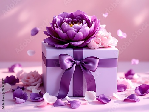 Beautifully arranged gift box adorned with vibrant purple and delicate pink roses and scattered petals creating a romantic and celebratory atmosphere