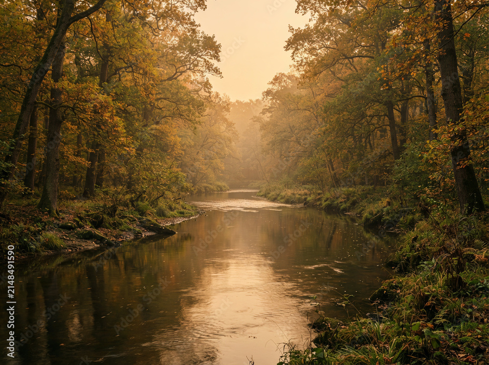 Fototapeta premium River through a dense autumn forest reflecting golden light through the trees
