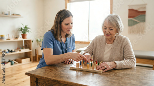 Woman in scrubs and an older woman playing a peg game at a wooden table
