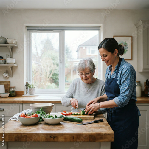 Two people preparing salad on a wooden kitchen island cutting cucumbers