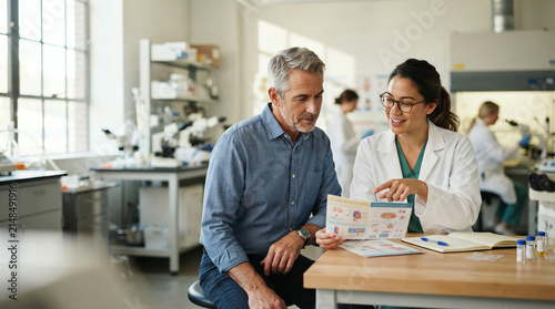 Scientist explaining medical brochure to patient in busy laboratory