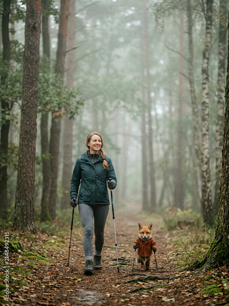 Fototapeta premium Young woman in hiking gear walking a misty forest path beside a red fox